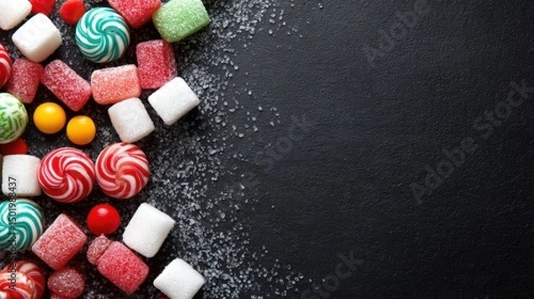 Fototapeta Close-up of a colorful assorted candy pile with various shapes and vibrant colors on a white background.