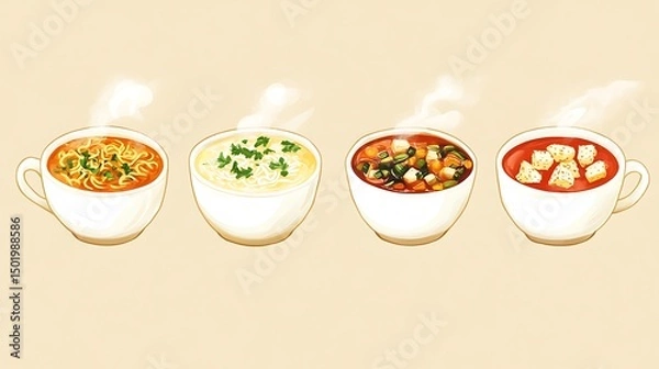 Fototapeta Four different types of steaming soups in white bowls.
