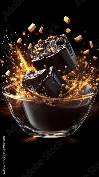 Obraz Two dark chocolate pieces, adorned with gold sprinkles, splash into a dark liquid-filled glass bowl against a black backdrop; gold sparkles surround