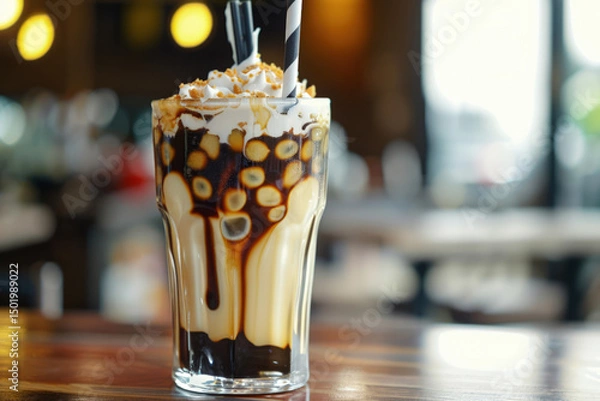 Obraz Tall Glass of Milk Tea with Tapioca Pearls Served with Striped Straw, Refreshing and Sweet Beverage