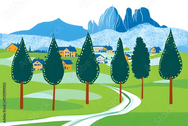 Fototapeta Illustration. A drawing of a mountain landscape with a road and houses. The houses are small and clustered together, and the trees are tall and green