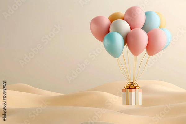Fototapeta Illustration. A gift box is flying over the desert sand with a group of balloons above it. The balloons are of different colors. Gift and travel concept.