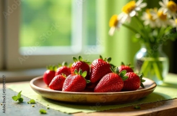 Fototapeta Fresh red strawberries arranged on a wooden plate. A vase with daisies is visible in the background. Natural light illuminates the scene, creating a vibrant atmosphere.