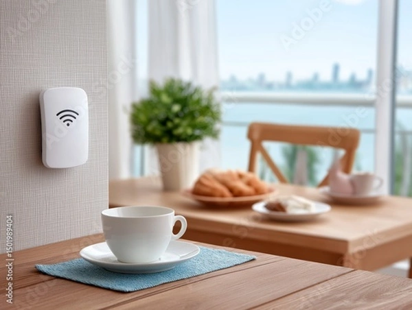 Fototapeta Modern interior scene featuring a white Wi-Fi router on a wall, with a cozy dining table set for breakfast, showcasing a serene atmosphere and inviting ambiance for home connectivity