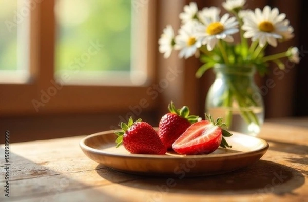 Fototapeta Fresh strawberries on a wooden plate beside a vase of daisies. Natural light illuminates the scene, creating a warm and inviting atmosphere.