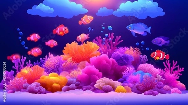 Obraz Vibrant underwater scene with colorful coral reef, clownfish, and other fish swimming under a glowing night sky