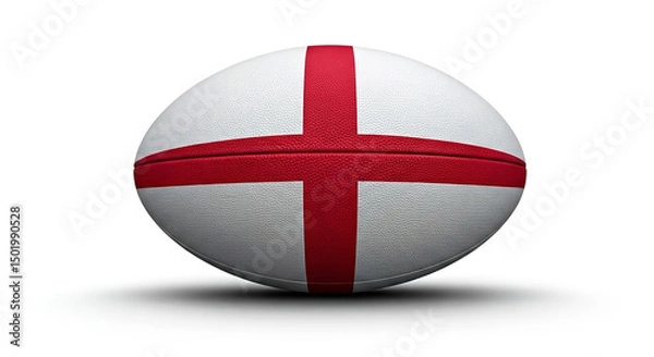 Fototapeta A white rugby ball with a red cross design isolated on a white background with a subtle shadow