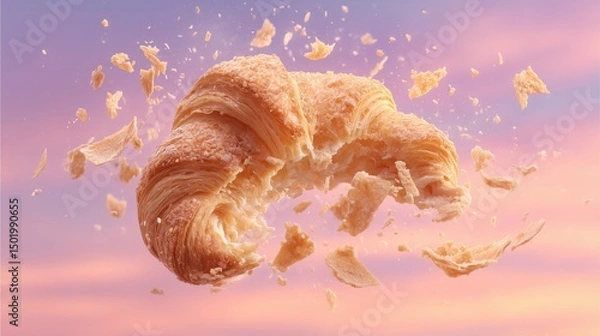 Fototapeta Hyperreal Food Photography of a croissant breaking apart mid-air, buttery flakes suspended with high-speed capture, set against a soft gradient pastel sky
