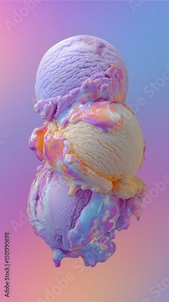 Fototapeta Hyperreal Food Photography of melting ice cream scoops in surreal colors, dreamy soft focus with pastel gradient background, pop surrealist touch