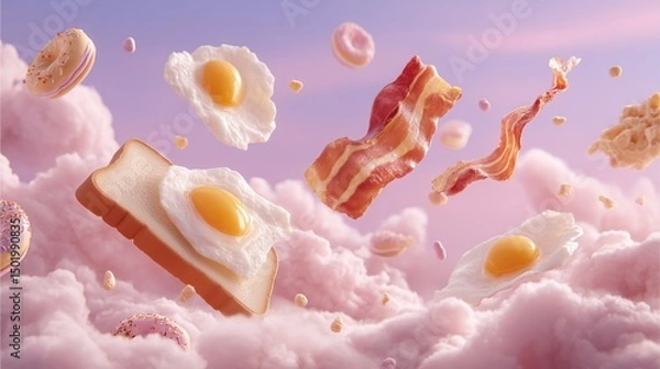 Fototapeta Hyperreal Food Photography with a surreal touch levitating breakfast items, flying bacon and eggs in dreamy soft clouds and pastel background2