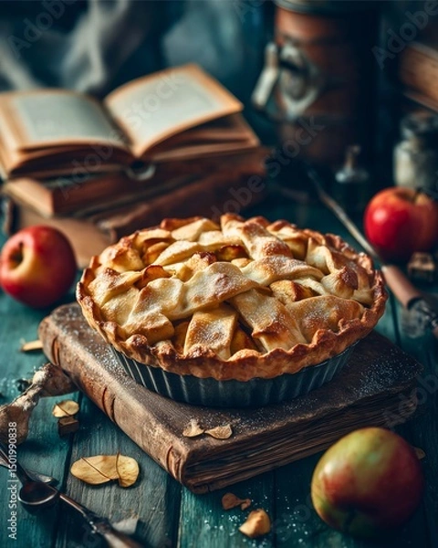 Fototapeta Hyperreal Food Photography styled like vintage cookbook cover, apple pie on rustic wooden table