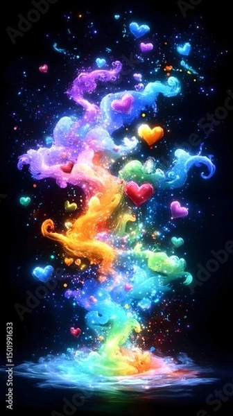 Fototapeta Rainbow-hued smoke swirls ascend from water, interspersed with glowing hearts and sparkles against a black backdrop