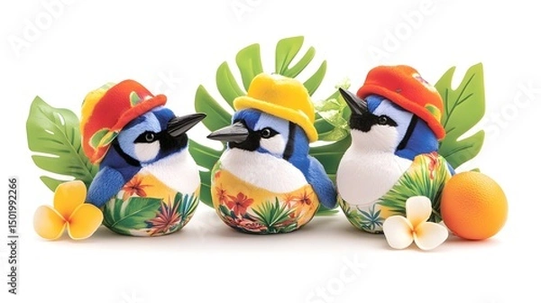 Fototapeta Three chubby blue jay figurines, wearing tropical-themed hats, surrounded by lush leaves and flowers, on a white background