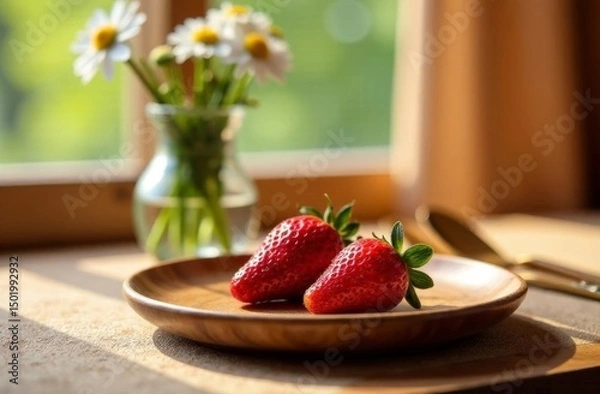 Fototapeta Fresh red strawberries on a wooden plate beside a vase of daisies. Natural light illuminates the scene, creating a warm and inviting atmosphere.