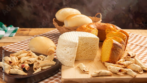 Fototapeta Breakfast table, beautiful breakfast table in Brazil with cake, cheese breads and more, on table with tablecloth, selective focus.