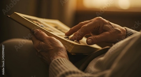 Fototapeta Soft Focus Image of Senior Person Recalling Memories Through Photos