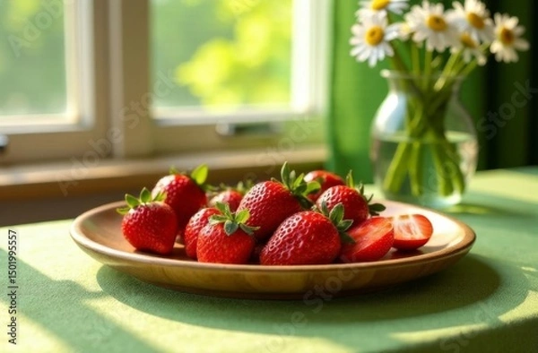 Fototapeta Fresh red strawberries on a wooden plate. A vase with daisies is visible in the background. Natural light illuminates the scene, creating a vibrant atmosphere.