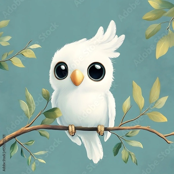 Fototapeta A whimsical white bird perched on a branch.