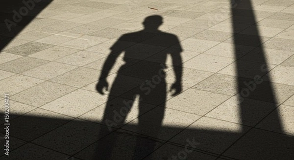 Fototapeta Shadow of a Person Standing on a Tiled Surface with Sunlight