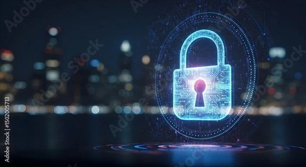 Fototapeta Digital Lock Interface with City View in Background ? Cybersecurity Concept