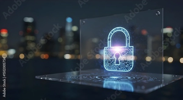 Fototapeta Locked Padlock Symbol on Futuristic Touchscreen Against Blurred Cityscape