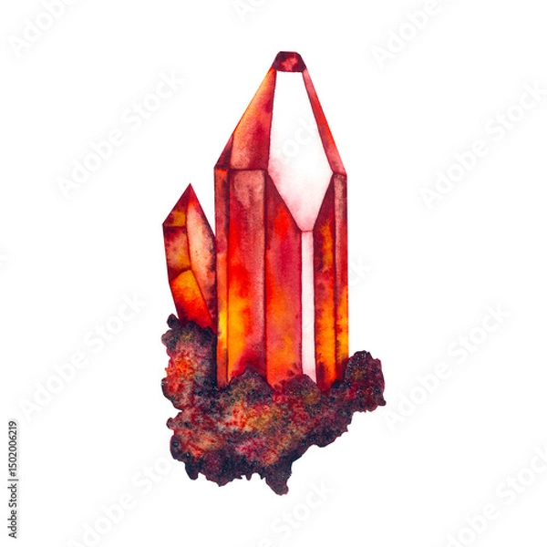 Fototapeta Watercolor illustration of a fiery orange-red crystal cluster with sharp facets and natural mineral base. Ideal for esoteric designs, energy healing, or mystical projects