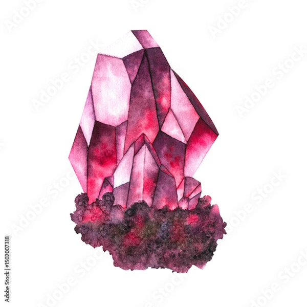 Fototapeta  Watercolor illustration radiant ruby crystal with faceted edges in deep red and subtle dark tones. for designs related to esotericism, crystal healing, spirituality, and jewelry