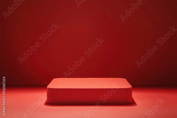 Fototapeta Red product podium stage for product display, presentation and branding, red wall background. Christmas or Valentine's Day design. 