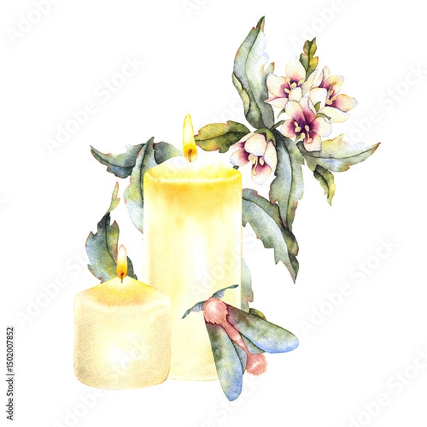 Fototapeta Watercolor illustration of two burning candles, henbane flowers, and a green moth. Poisonous plant, mystical atmosphere, used in rituals, esoteric art, and magical symbolism.