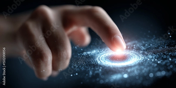 Fototapeta  Digital settings icon activated by touch surrounded by floating microchip circuits.
