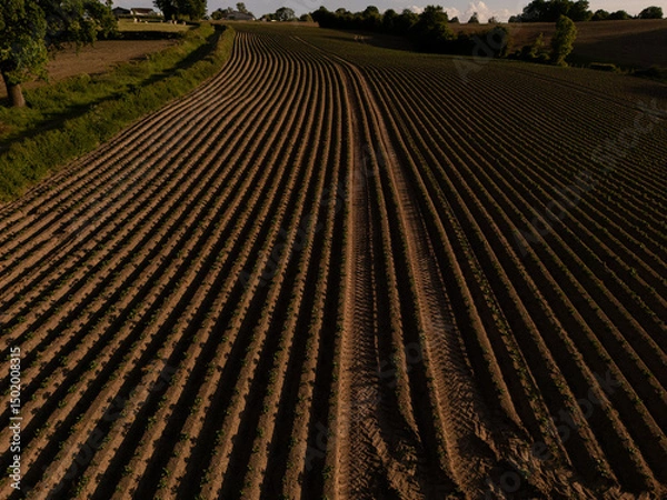 Fototapeta Aerial View of Agricultural Field at Sunset – Neatly Aligned Crop Rows in Golden Light  potatoe field