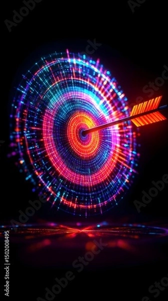 Fototapeta A vibrant, glowing arrow pierces a concentric, multicolored target, radiating light and energy against a black backdrop