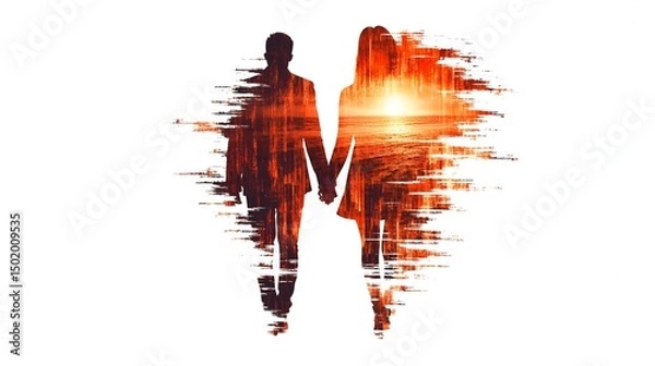 Fototapeta Silhouette of a couple holding hands, superimposed with a sunset landscape forming a heart shape, depicted in a digitized, brush-stroke style