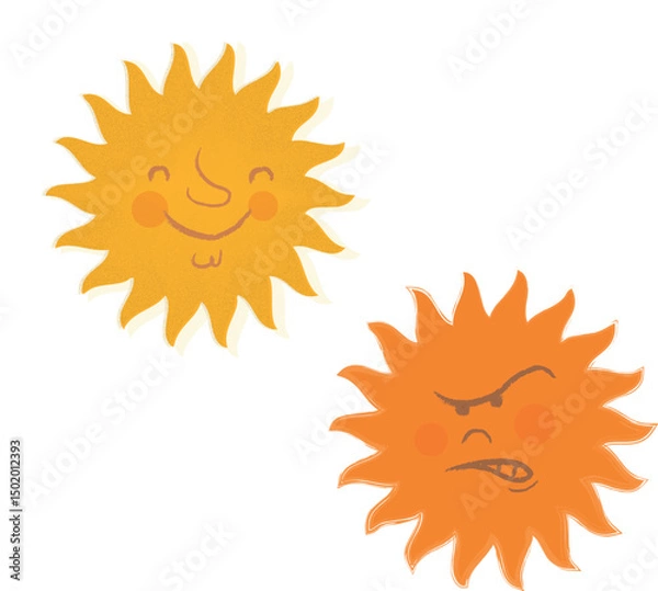 Obraz Vector illustration of retro-style sun faces with varied expressions. Perfect for decorative, astrological, spiritual or vintage-inspired projects exploring energy, light, emotion and cosmic symbolism