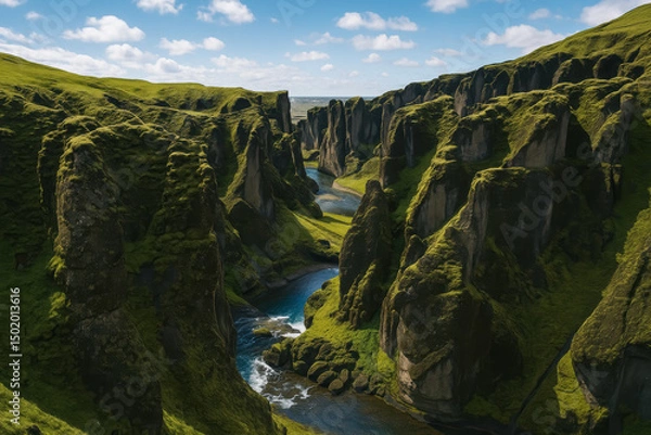 Fototapeta Majestic aerial view of Fjaðrárgljúfur canyon with winding river and mossy cliffs, generative AI