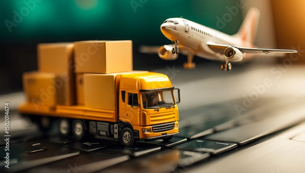 Obraz Trucks and planes, logistics backbone. A toy truck and airplane on a keyboard creatively represent the logistics and transportation sector.