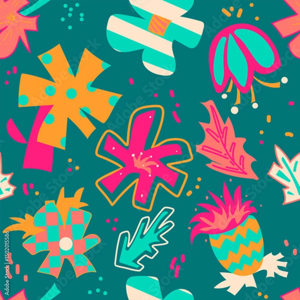 Fototapeta Seamless botanical pattern with hand drawn flowers, leaves. Bright floral background. Vector texture