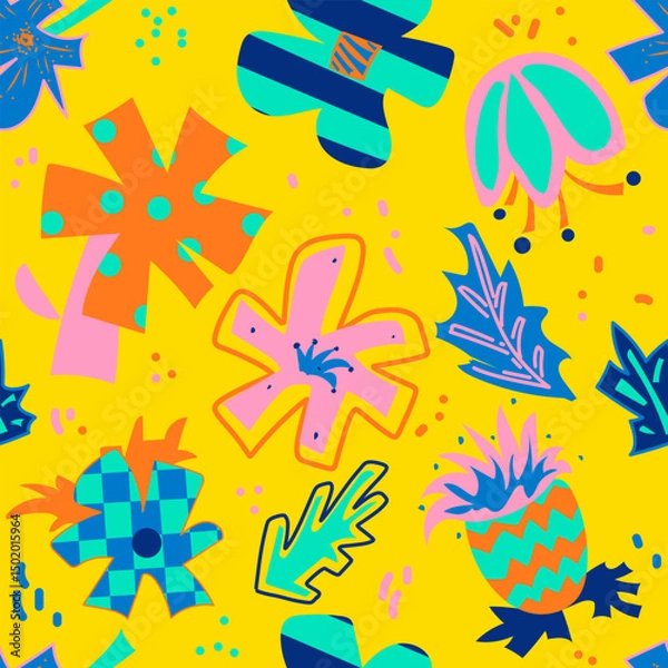 Fototapeta Seamless botanical pattern with hand drawn flowers, leaves. Bright floral background. Vector texture