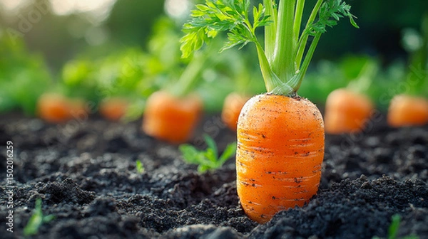 Obraz Fresh carrots growing in a garden bed. Bright orange carrots stand upright in rich dark soil, surrounded by green foliage in a sunlit garden.
