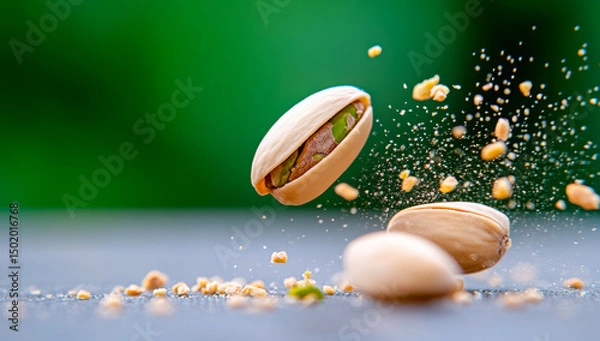 Obraz Flavor-packed pistachios close-up. Pistachios are bursting open, scattering nuts and dust across a blurred green background, showcasing their freshness.
