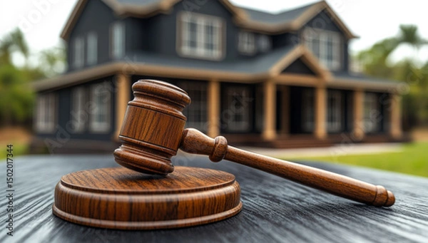 Obraz Wooden gavel resting on table near house. A wooden gavel is placed on a table in front of a modern house, depicting themes of law and real estate.