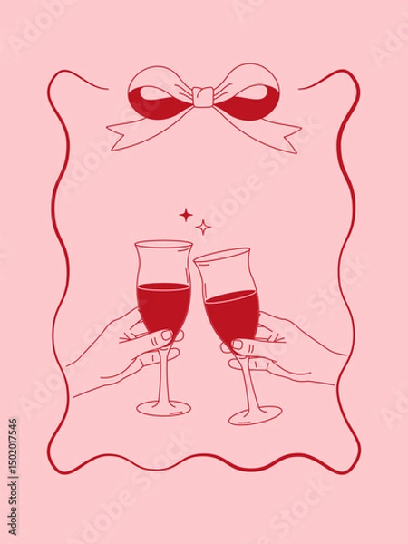 Obraz Minimalist illustration of a toast with two champagne glasses on a pink background with a decorative bow. Suitable for holidays and weddings.