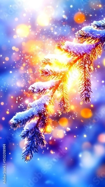 Fototapeta Snow-covered evergreen branch glows with warm light amidst a bokeh of colorful, sparkling lights and falling snow