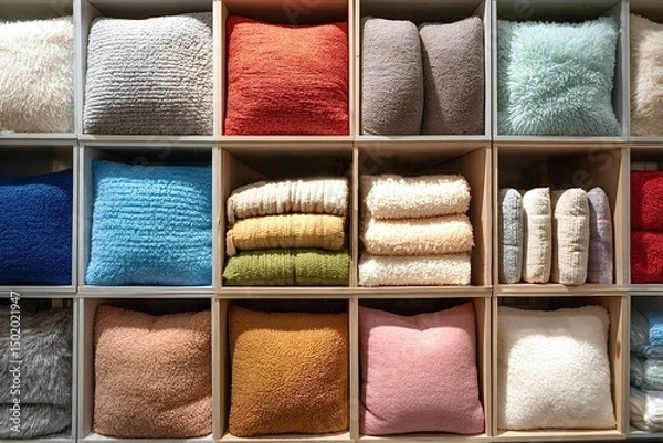Obraz Colorful pillows and soft blankets displaying on shelves in furniture store
