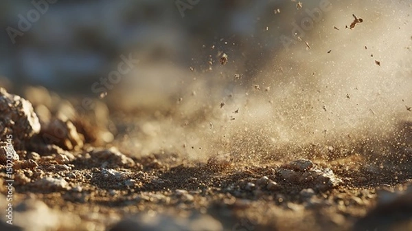 Fototapeta Golden Dust Particles Exploding Upward Brown Ground Textured Background Natural Earth Abstract Scene Sunlight Dramatic Light Rays Soil Texture Dry Landscape Desert Dust Storm rock 