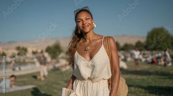 Fototapeta Confident woman smiling while walking in park on sunny day  