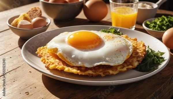 Fototapeta A closeup of a morning breakfast dish with fried eggs and bacon in a pan shows the yellow yolk