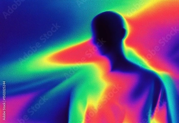 Obraz Vibrant silhouette of a human figure in thermal imaging style, glowing in neon gradients against a dynamic background. Gen Z, Y2K heatwave backdrop.