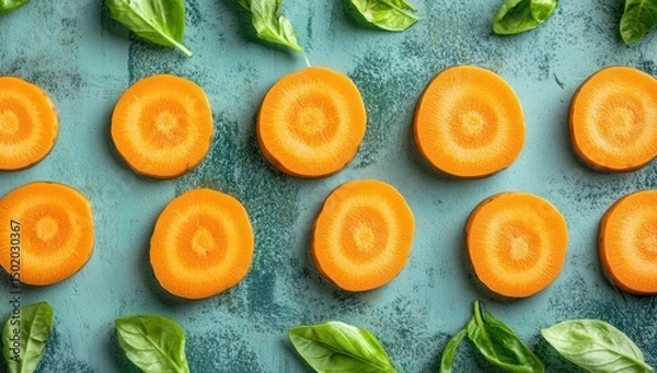 Fototapeta Vibrant Carrot Slices with Basil Leaves