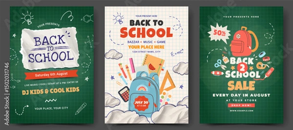Fototapeta Back to School banner set with typography and school supplies elements. Vector design template for poster, card, sale, invitation, flyer.